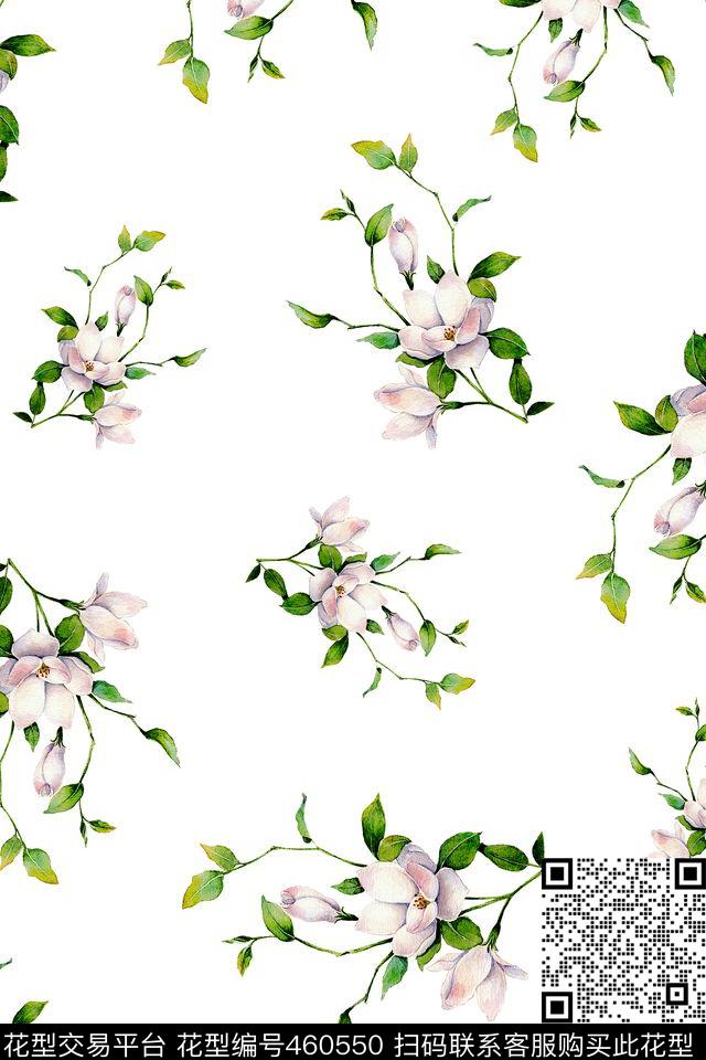 白底手绘花手绘花小清新数码印花华亿平台下载（图片编号: 460550） - 瓦栏（Walan）
