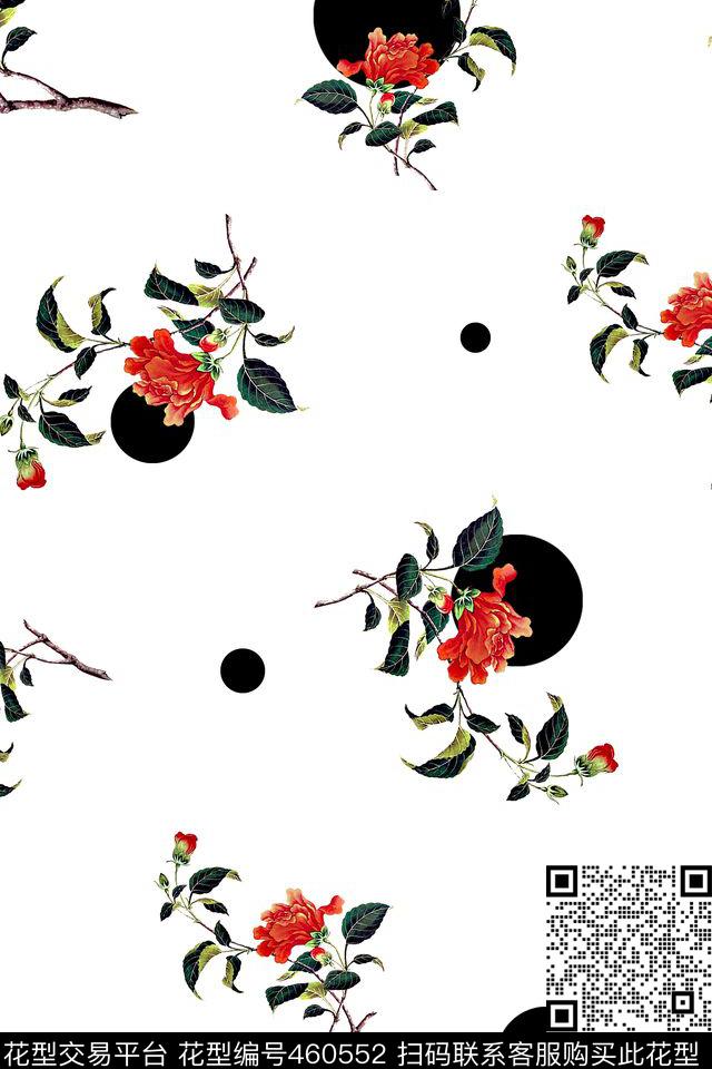 手绘花波点底红色手绘花数码印花华亿平台下载（图片编号: 460552） - 瓦栏（Walan）