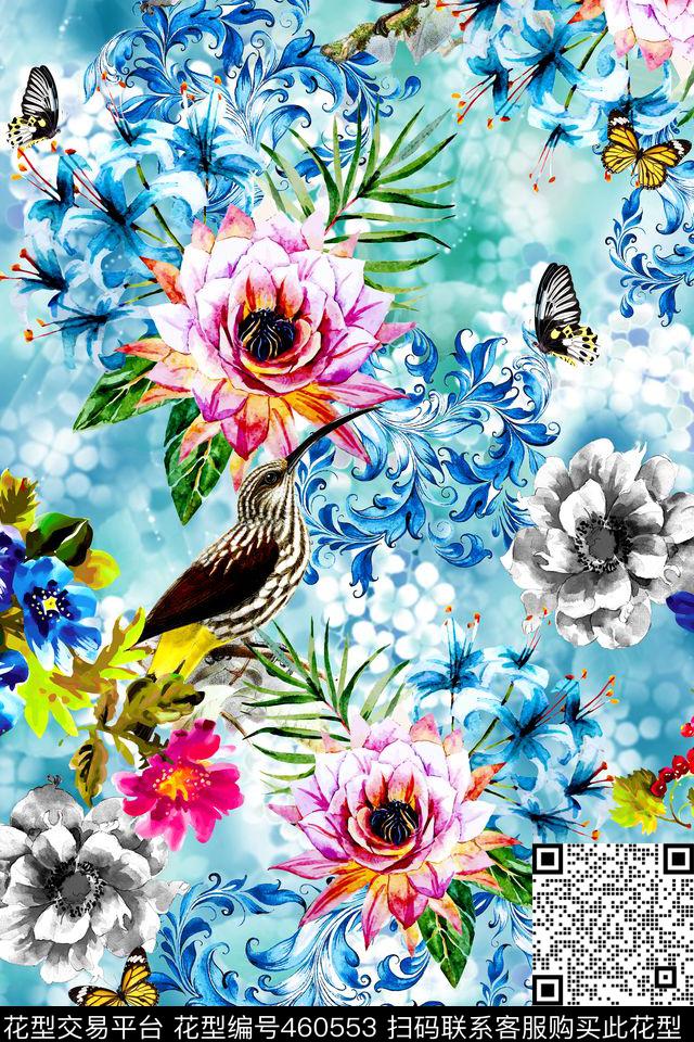时尚水彩花卉数码印花华亿平台下载（图片编号: 460553） - 瓦栏（Walan）
