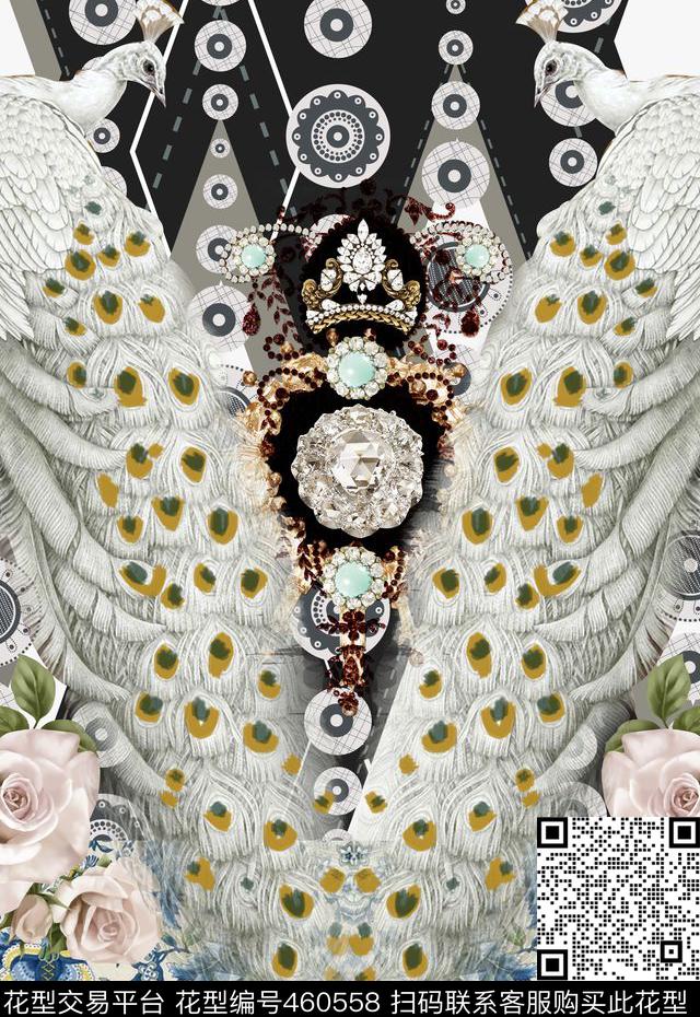 白孔雀潮流时尚传统花卉数码印花华亿平台下载（图片编号: 460558） - 瓦栏（Walan）
