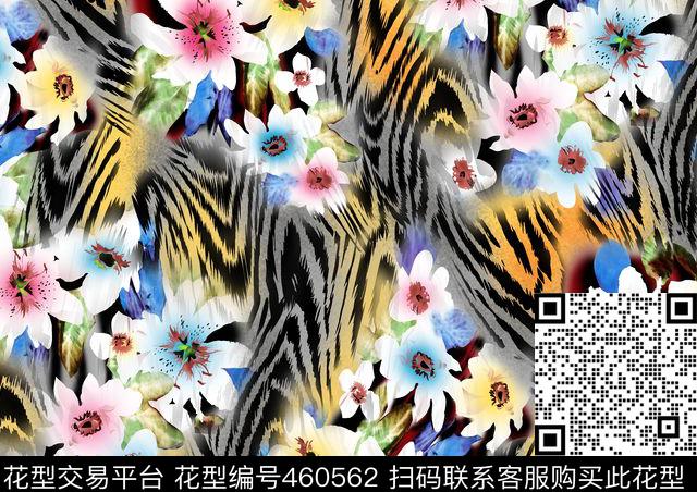 花卉斑马纹水彩花朵数码印花华亿平台下载（图片编号: 460562） - 瓦栏（Walan）