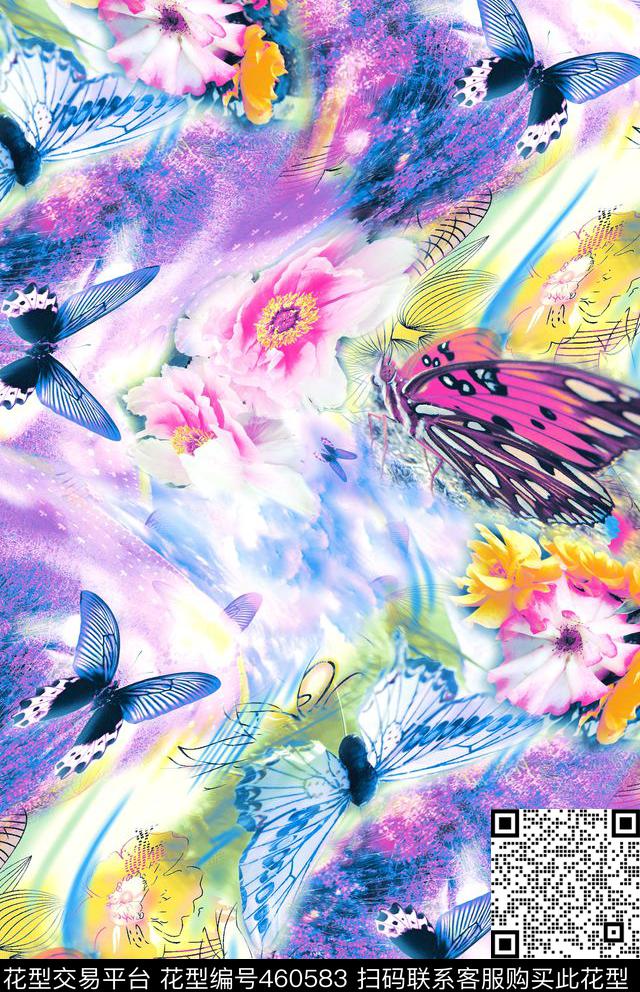 幻彩花卉蝴蝶幻彩底纹数码印花华亿平台下载（图片编号: 460583） - 瓦栏（Walan）