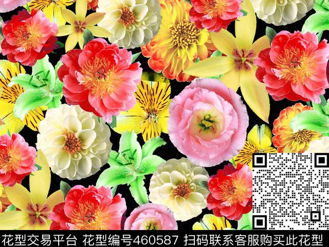满版花卉黑底幻彩花卉数码印花华亿平台下载（图片编号: 460587） - 瓦栏（Walan）