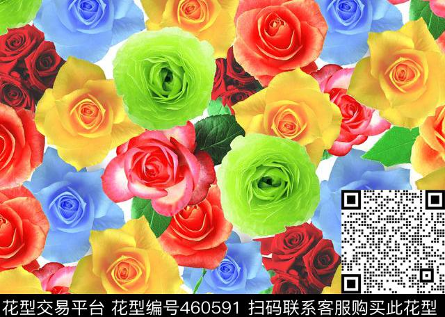 幻彩花卉花朵组合玫瑰数码印花华亿平台下载（图片编号: 460591） - 瓦栏（Walan）