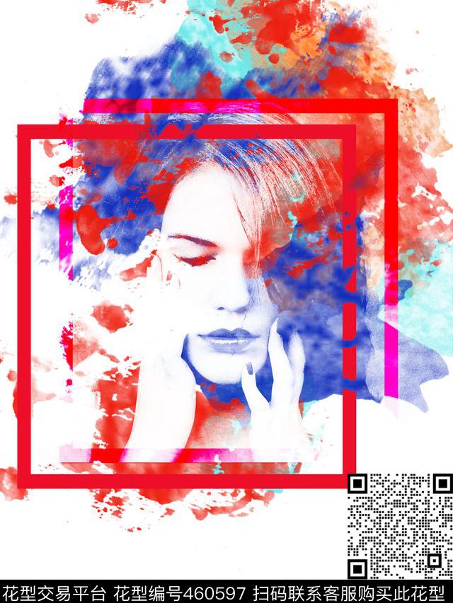 女性头像色块方框水彩数码印花华亿平台下载（图片编号: 460597） - 瓦栏（Walan）