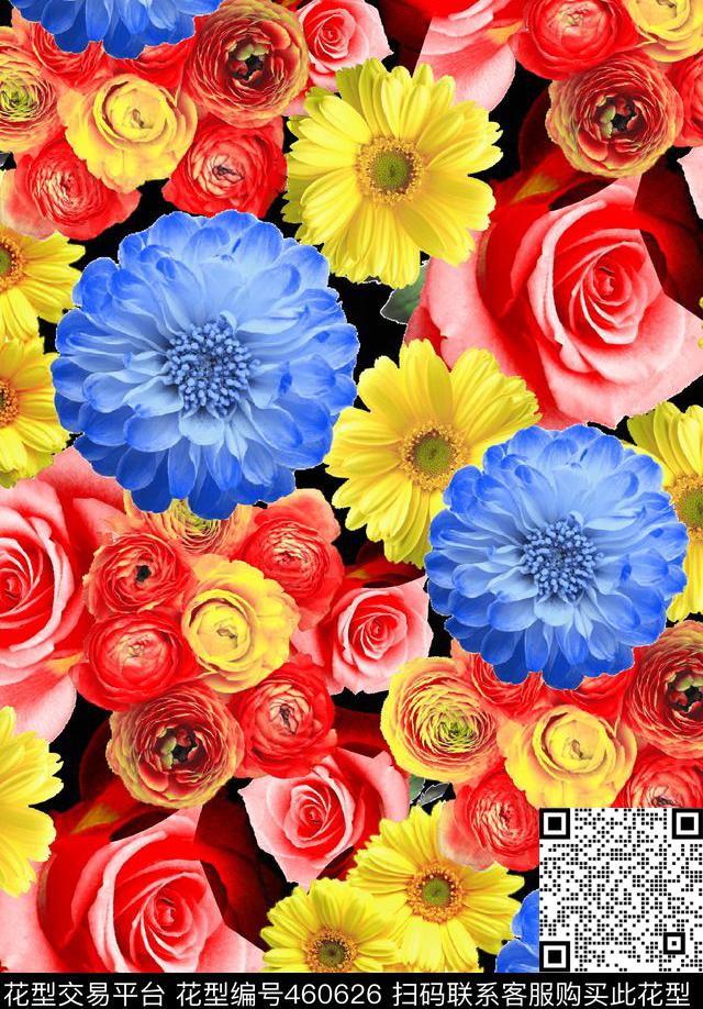 幻彩花卉黑底满版花朵数码印花华亿平台下载（图片编号: 460626） - 瓦栏（Walan）
