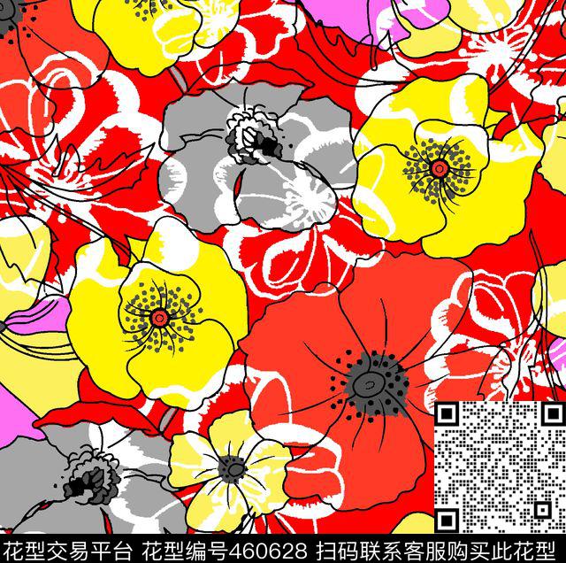 几何花卉线条花朵抽象花传统印花华亿平台下载（图片编号: 460628） - 瓦栏（Walan）