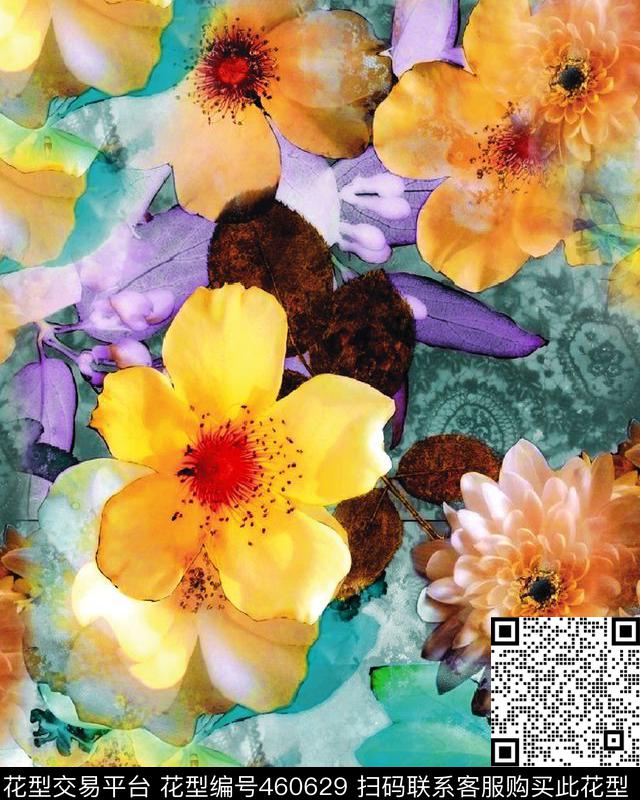 水彩花卉几何图案幻彩花朵数码印花华亿平台下载（图片编号: 460629） - 瓦栏（Walan）
