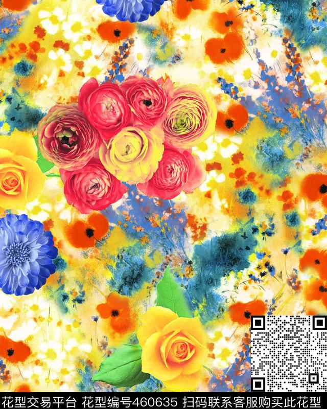 幻彩花卉水彩底纹时尚花朵数码印花华亿平台下载（图片编号: 460635） - 瓦栏（Walan）