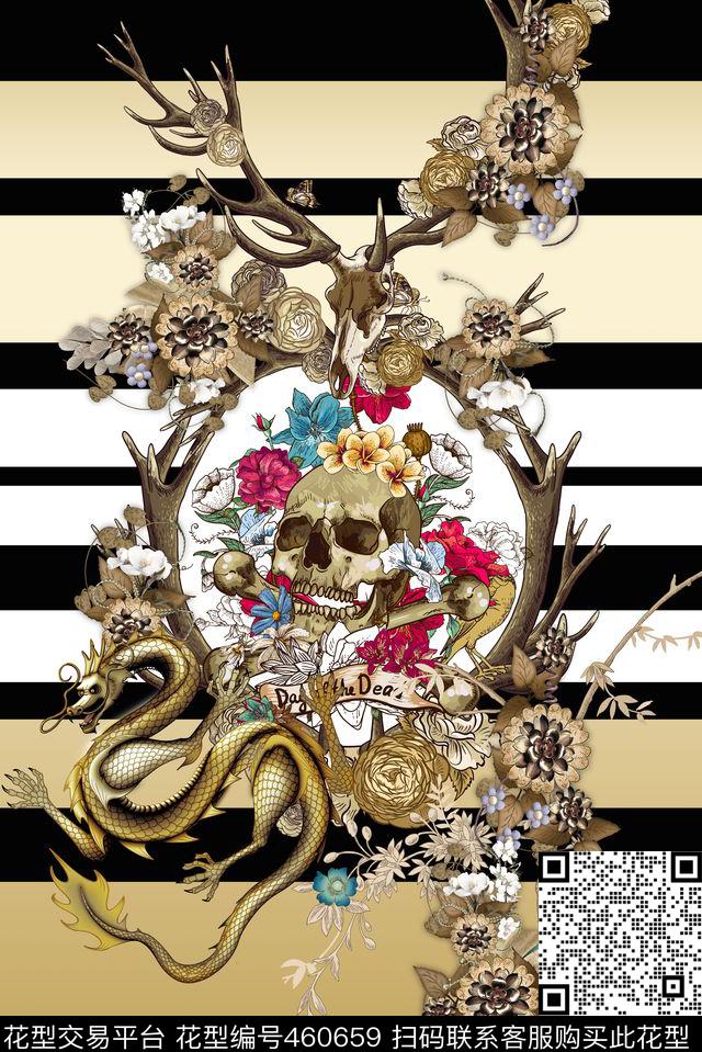 大气欧式风黄金龙骷髅骨架定位花定位女装数码印花华亿平台下载（图片编号: 460659） - 瓦栏（Walan）
