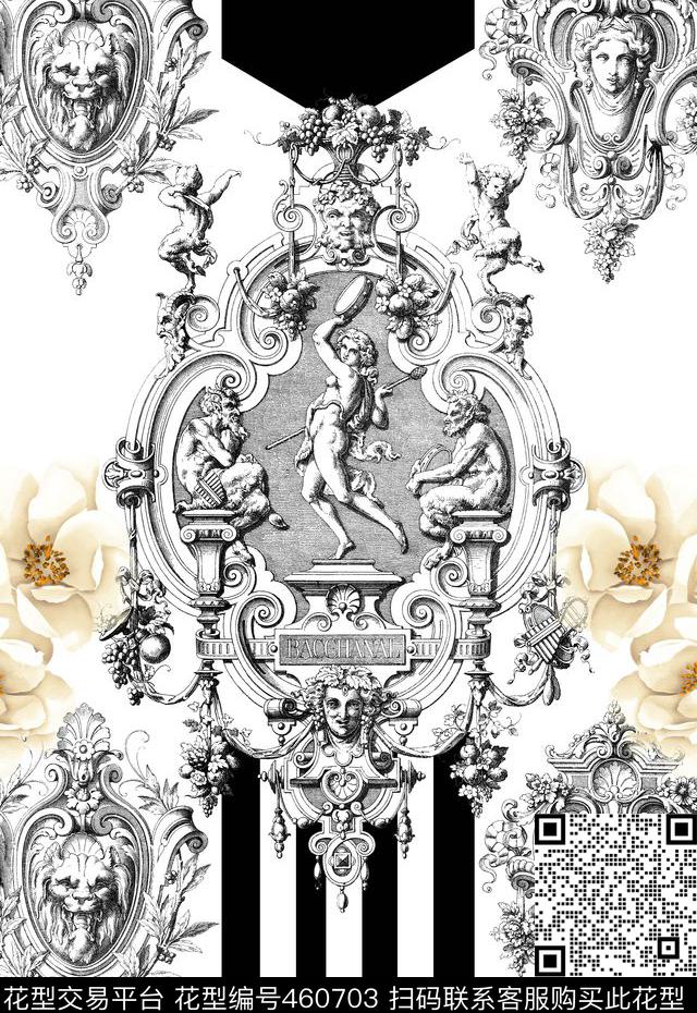 黑白几何男装定位欧式手绘数码印花华亿平台下载（图片编号: 460703） - 瓦栏（Walan）