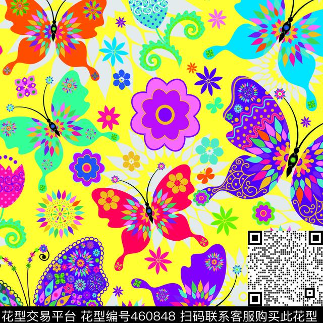 蝴蝶蝴蝶花传统印花华亿平台下载（图片编号: 460848） - 瓦栏（Walan）