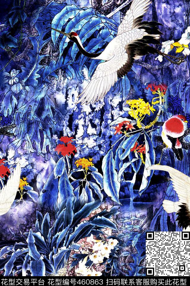 工笔花鸟仙鹤中国风数码印花华亿平台下载（图片编号: 460863） - 瓦栏（Walan）
