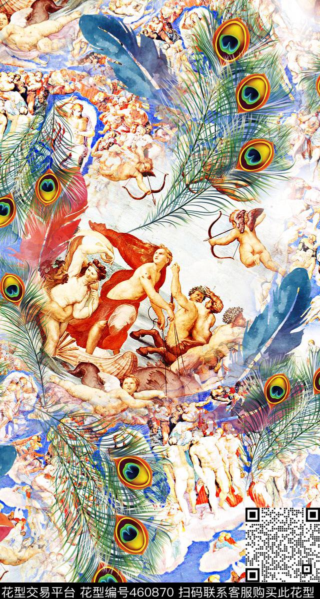 欧式神话人物羽毛数码印花华亿平台下载（图片编号: 460870） - 瓦栏（Walan）