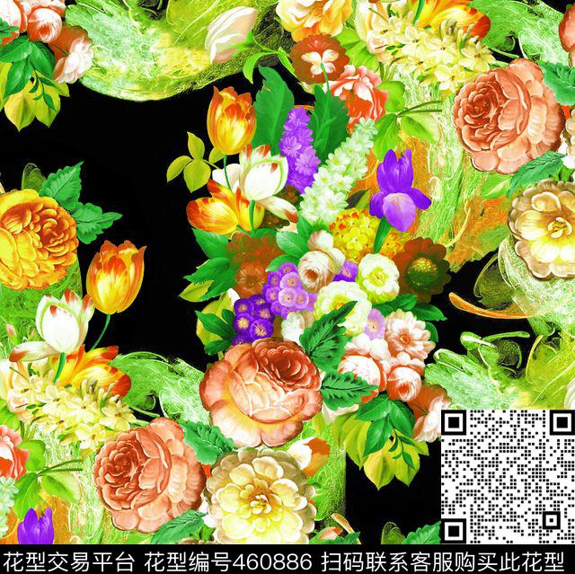 花卉油画黑底数码印花华亿平台下载（图片编号: 460886） - 瓦栏（Walan）