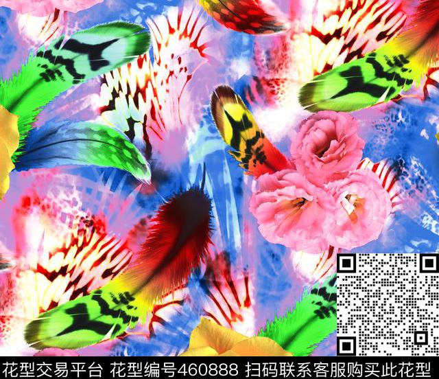 花卉羽毛幻彩底数码印花华亿平台下载（图片编号: 460888） - 瓦栏（Walan）