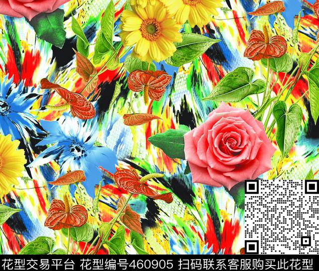 玫瑰菊花幻彩底纹数码印花华亿平台下载（图片编号: 460905） - 瓦栏（Walan）