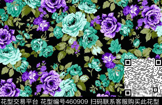 玫瑰黑底时尚女装传统印花华亿平台下载（图片编号: 460909） - 瓦栏（Walan）