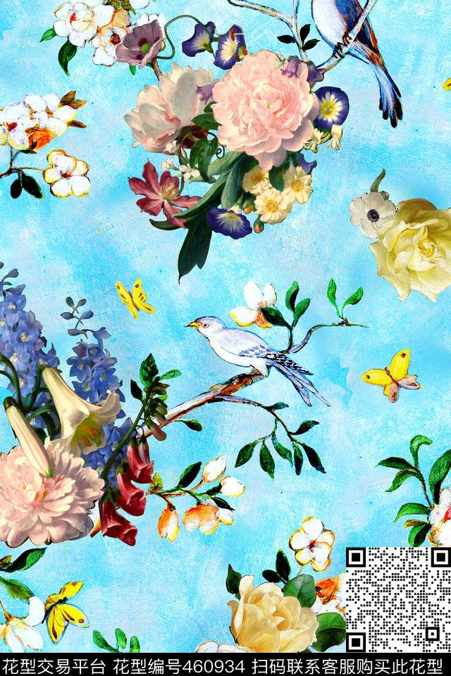 时尚油画花卉小鸟数码印花华亿平台下载（图片编号: 460934） - 瓦栏（Walan）