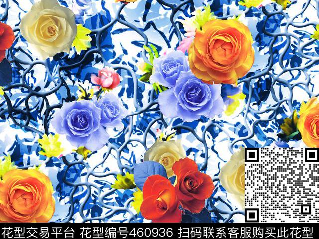 花卉抽象树藤时尚女装数码印花华亿平台下载（图片编号: 460936） - 瓦栏（Walan）