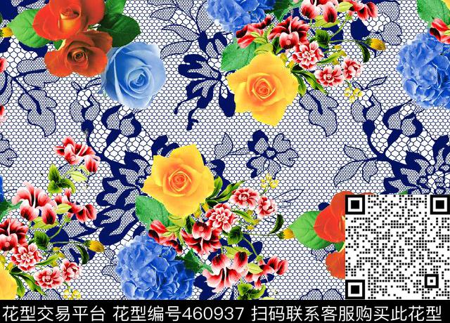 绚丽花卉蕾丝底纹时尚女装数码印花华亿平台下载（图片编号: 460937） - 瓦栏（Walan）
