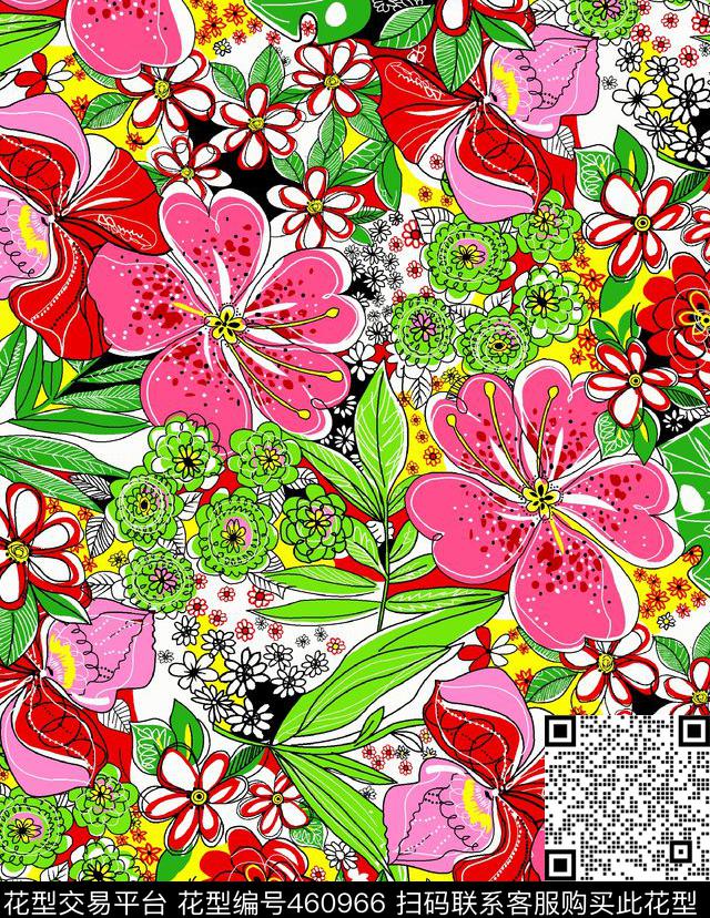 抽象花卉几何花朵时尚女装传统印花华亿平台下载（图片编号: 460966） - 瓦栏（Walan）
