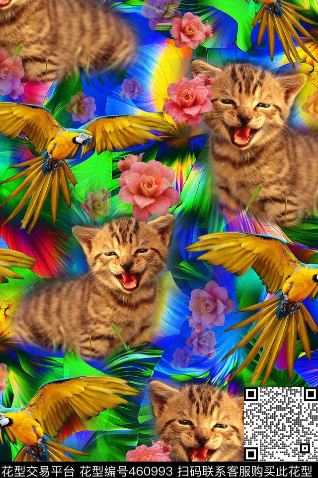 可爱猫咪鹦鹉彩色热带叶子数码印花华亿平台下载（图片编号: 460993） - 瓦栏（Walan）