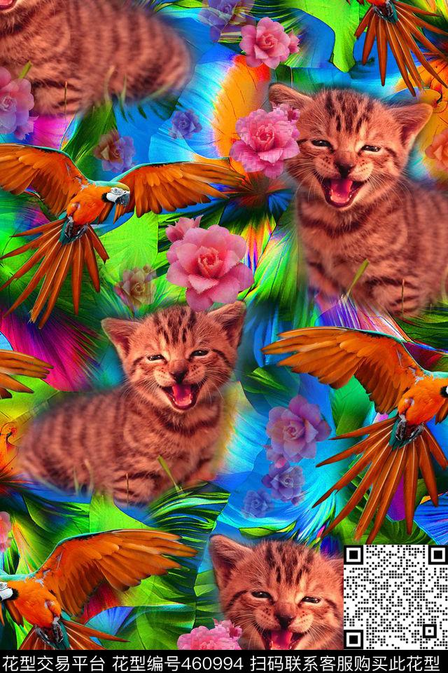 可爱猫咪鹦鹉彩色热带叶子数码印花华亿平台下载（图片编号: 460994） - 瓦栏（Walan）