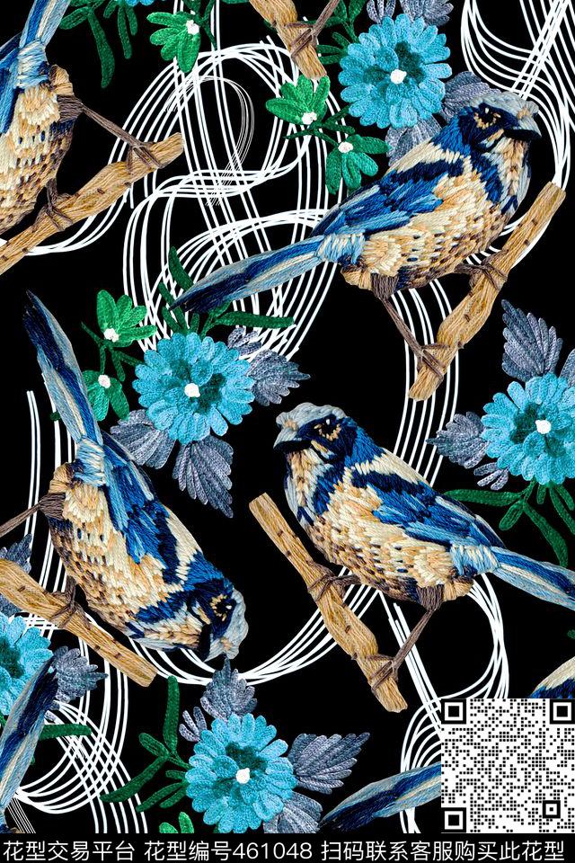 花卉线条小鸟数码印花华亿平台下载（图片编号: 461048） - 瓦栏（Walan）