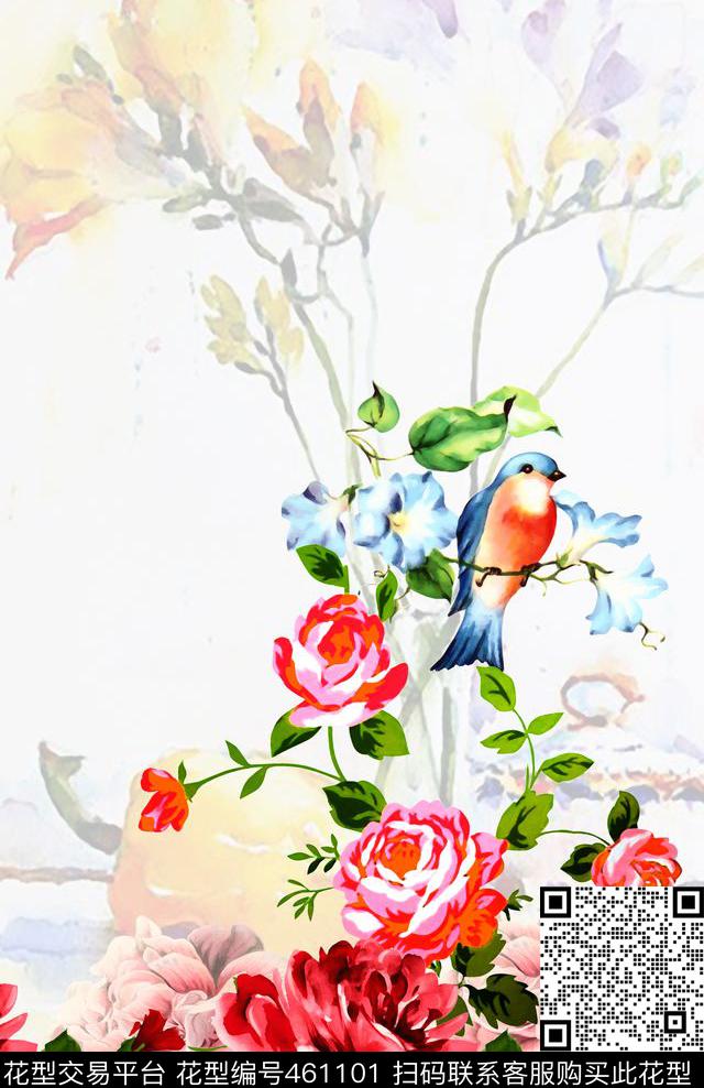鸟语花卉定位花数码印花华亿平台下载（图片编号: 461101） - 瓦栏（Walan）