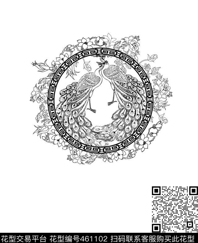 花环中国风孔雀T恤卫衣素描传统印花华亿平台下载（图片编号: 461102） - 瓦栏（Walan）
