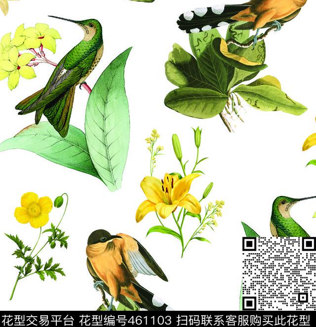 黄花绿叶丛林小鸟数码印花华亿平台下载（图片编号: 461103） - 瓦栏（Walan）