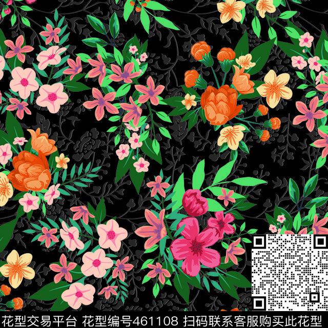 花卉绿叶红花时尚休闲传统印花华亿平台下载（图片编号: 461108） - 瓦栏（Walan）