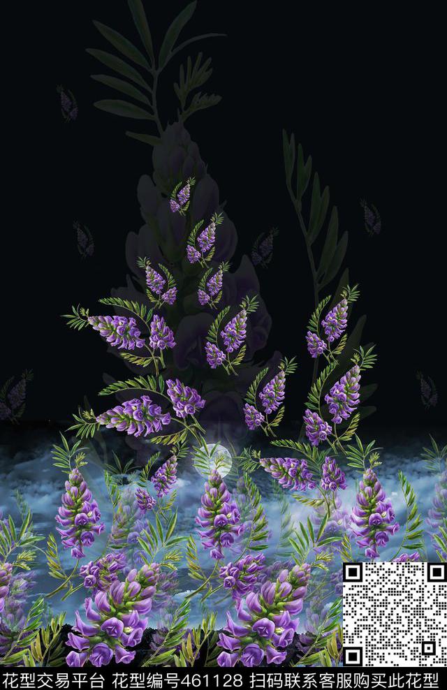 紫色定位花花卉数码印花华亿平台下载（图片编号: 461128） - 瓦栏（Walan）