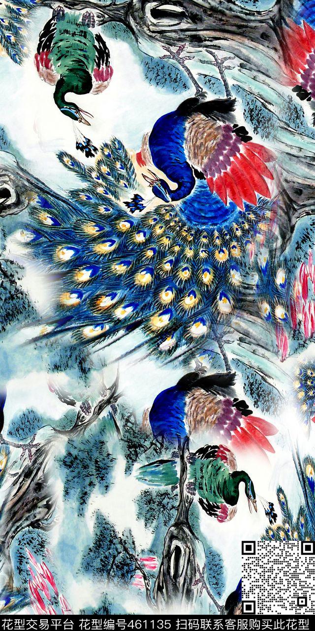 动物凤凰涅槃孔雀开屏数码印花华亿平台下载（图片编号: 461135） - 瓦栏（Walan）