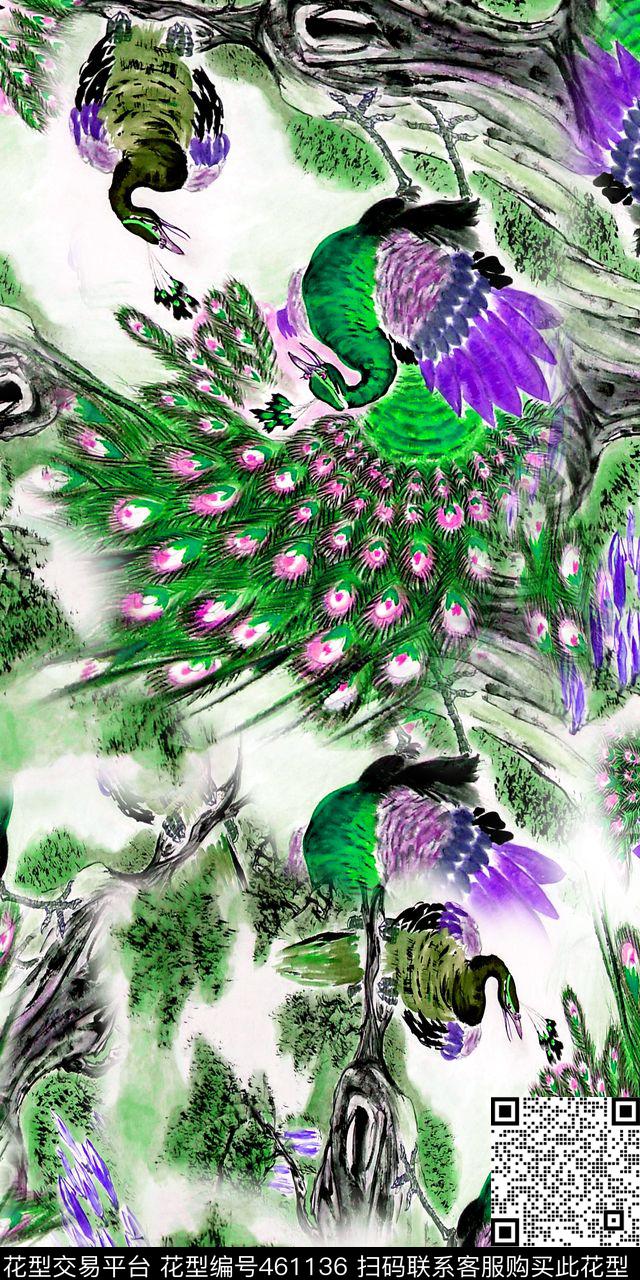 动物孔雀开屏凤凰涅槃数码印花华亿平台下载（图片编号: 461136） - 瓦栏（Walan）