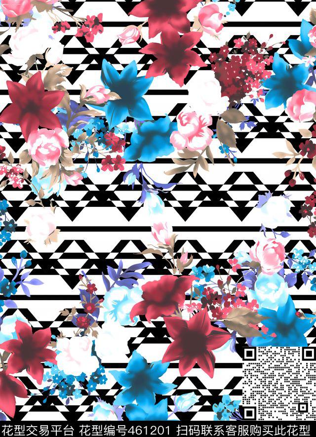 复古浪漫混搭手绘花水彩花百合玫瑰几何条格民族几何叠加数码印花华亿平台下载（图片编号: 461201） - 瓦栏（Walan）
