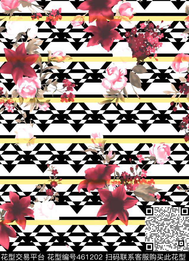 复古浪漫混搭手绘花水彩花百合玫瑰几何条格民族几何叠加数码印花华亿平台下载（图片编号: 461202） - 瓦栏（Walan）