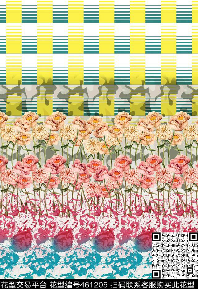 浪漫田园混搭手绘花迷彩条格格子几何渐变线描花叠加定位数码印花华亿平台下载（图片编号: 461205） - 瓦栏（Walan）