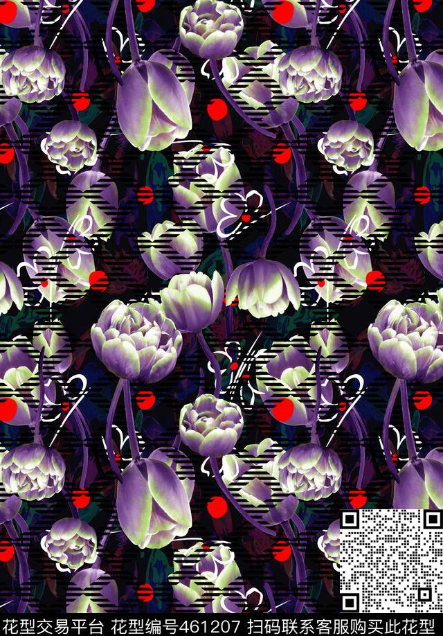 神秘迷幻浪漫郁金香几何条格条纹波点圆点手绘叠加数码印花华亿平台下载（图片编号: 461207） - 瓦栏（Walan）