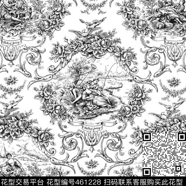 欧式田园素描风景黑白调欧式花纹传统印花华亿平台下载（图片编号: 461228） - 瓦栏（Walan）