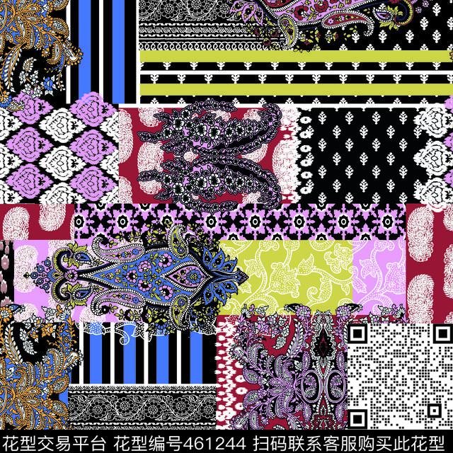 几何花纹腰果花图案拼贴数码印花华亿平台下载（图片编号: 461244） - 瓦栏（Walan）