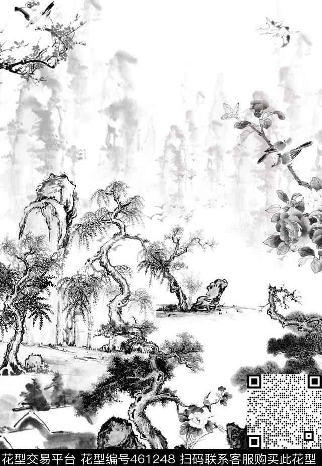 黑白面料水墨数码印花华亿平台下载（图片编号: 461248） - 瓦栏（Walan）