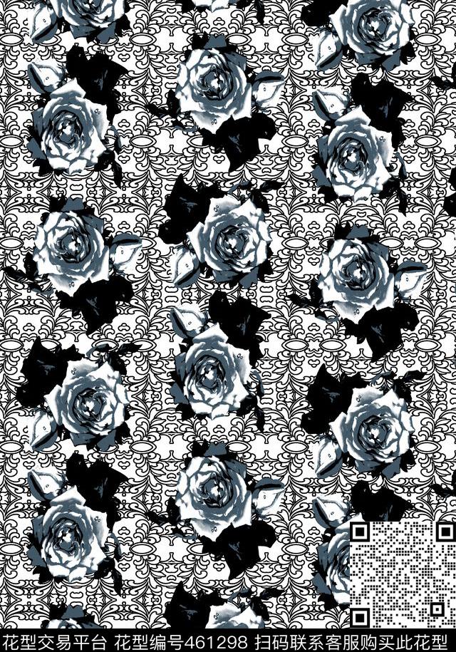 花朵玫瑰欧式花纹传统印花华亿平台下载（图片编号: 461298） - 瓦栏（Walan）