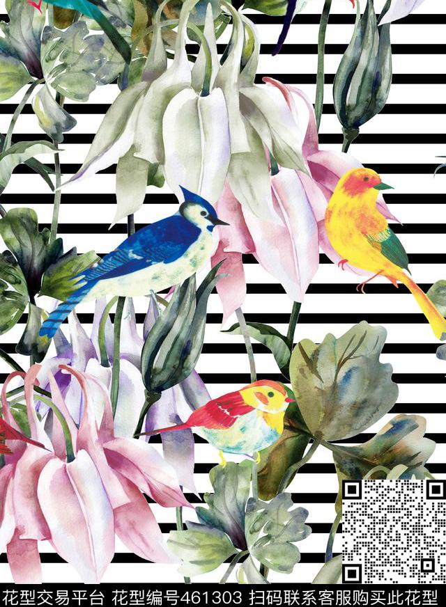 百鸟花绘面料数码印花华亿平台下载（图片编号: 461303） - 瓦栏（Walan）