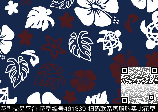 白描花红描花深蓝底传统印花华亿平台下载（图片编号: 461339） - 瓦栏（Walan）