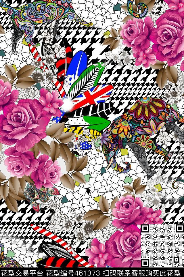 时尚手绘花卉手绘叶子数码印花华亿平台下载（图片编号: 461373） - 瓦栏（Walan）