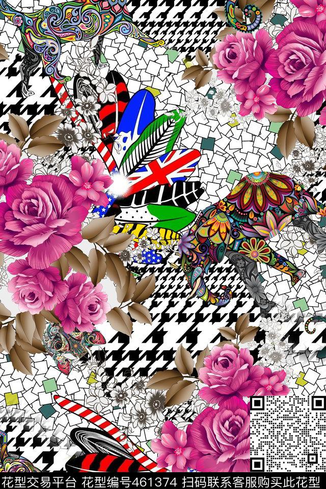 时尚手绘花卉手绘叶子数码印花华亿平台下载（图片编号: 461374） - 瓦栏（Walan）