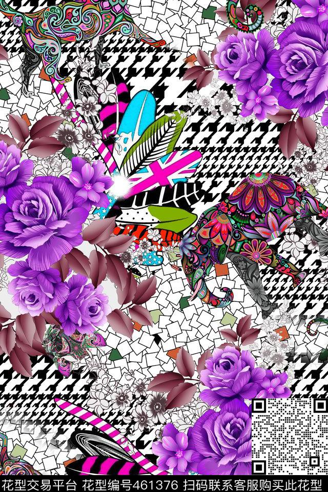 时尚手绘花卉手绘叶子数码印花华亿平台下载（图片编号: 461376） - 瓦栏（Walan）