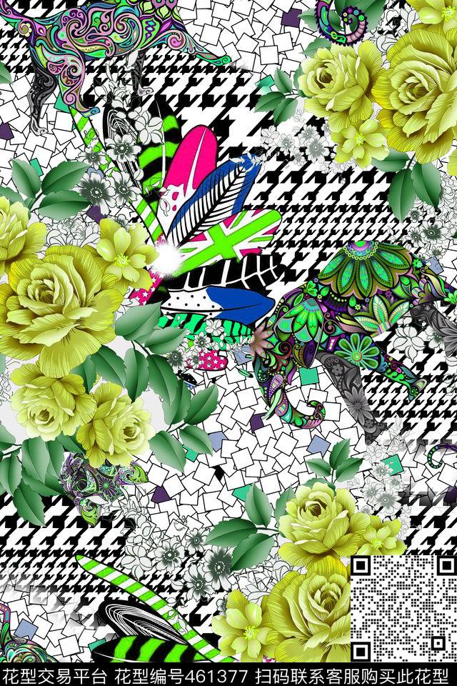 时尚手绘花卉手绘叶子数码印花华亿平台下载（图片编号: 461377） - 瓦栏（Walan）